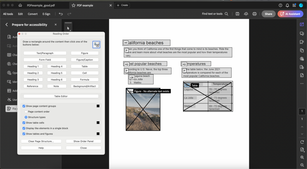 Reading Order dialogue box is open. The PDF has heading, paragraph, list, image, and table content blocks.