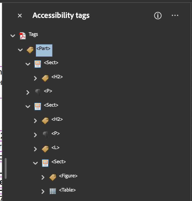 Accessibility tags panel with a Part container element that contains all other elements. It has three Sect container elements chunking the rest of the content.