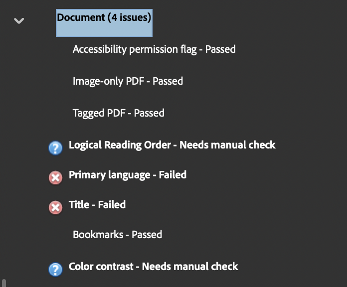 Document section in Accessibility Checker with results that pass, need manual check, and fail.