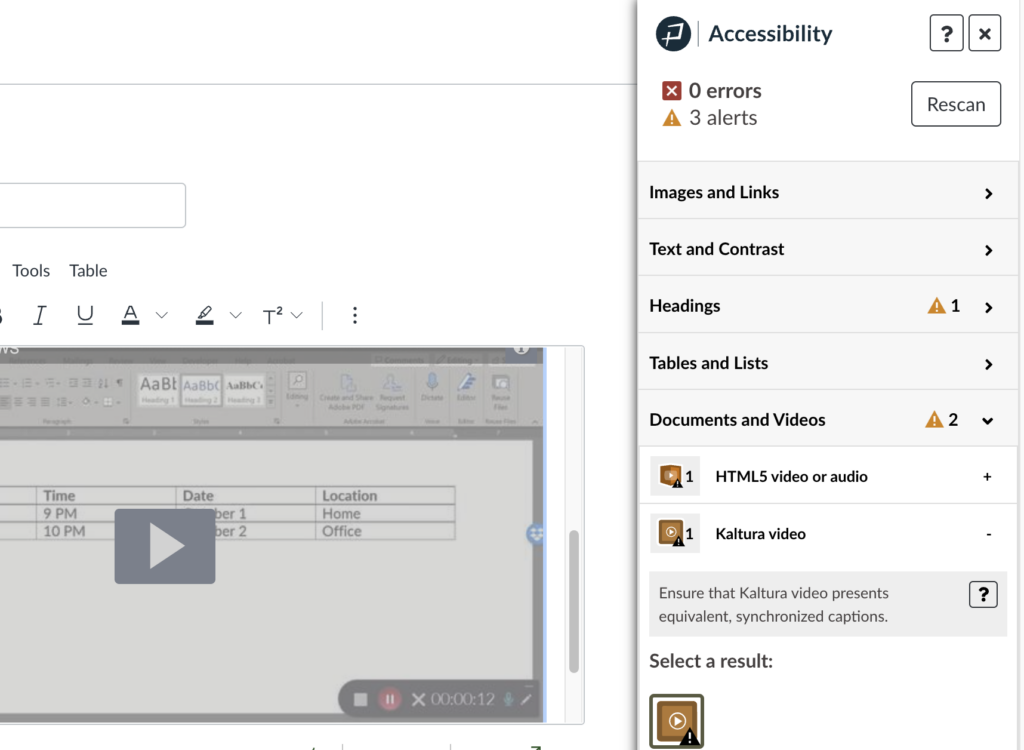 screenshot of accessibility guide in canvas detecting a Kaltura Video