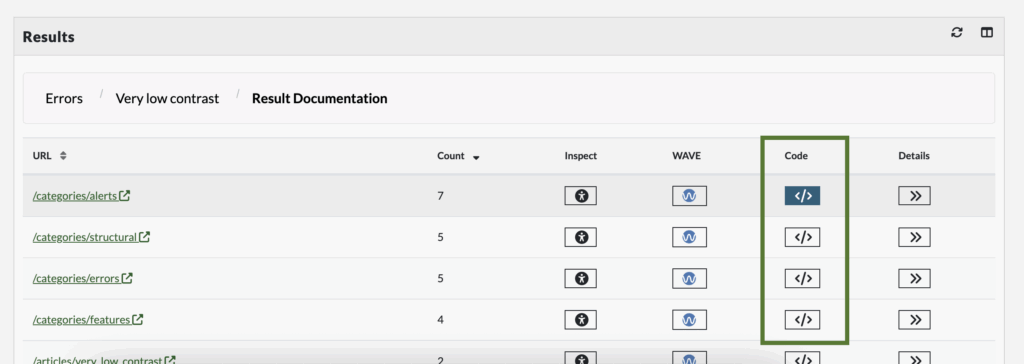 Pope Tech results widget. Table with URLs, error count, Inspect, WAVE, Code, and Details actions.