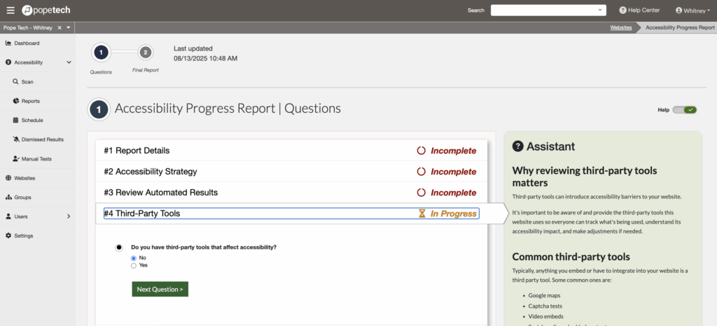 Accessibility Progress Report wizard. Includes questions about Report Details, Accessibility Strategy, Automated Results, and Third Party Tools.