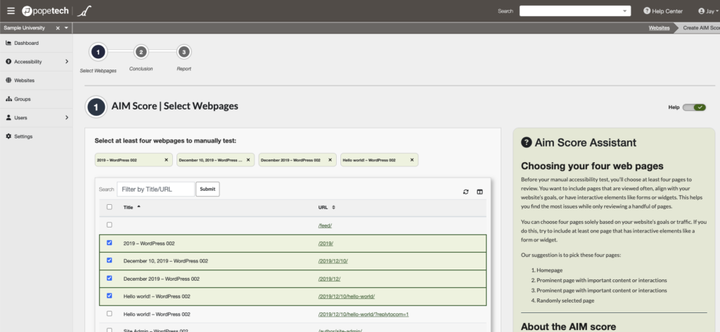 Screenshot of AIM score page sample select with 4 pages selected