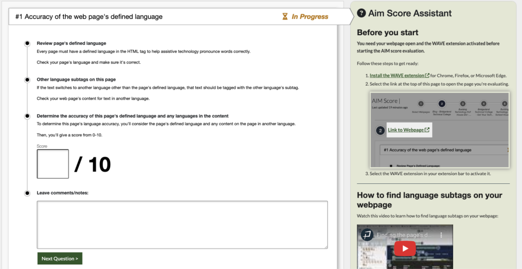 Screenshot of AIM score language question and side assistant with steps and video