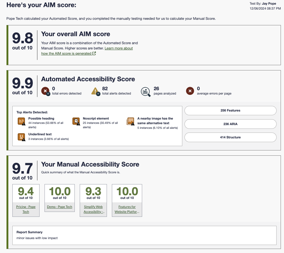 Screenshot of AIM score report with Overall score, Automated score and common issues, manual score and page scores.