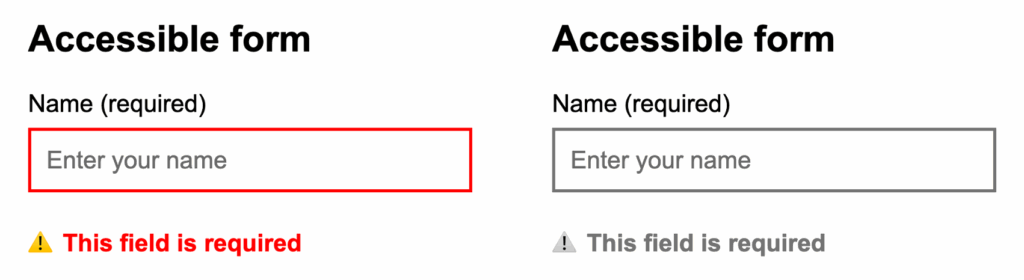 Form field with red border, error icon, and message; next to it the grayscale version remains clear.