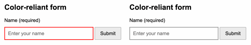 Form field with red error border next to grayscale version where the border is indistinguishable.