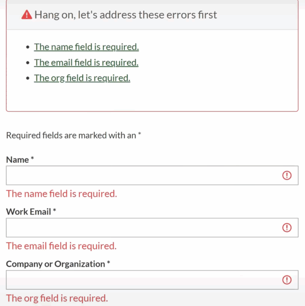Top of form with error messages highlighted, illustrating where NVDA moves focus.