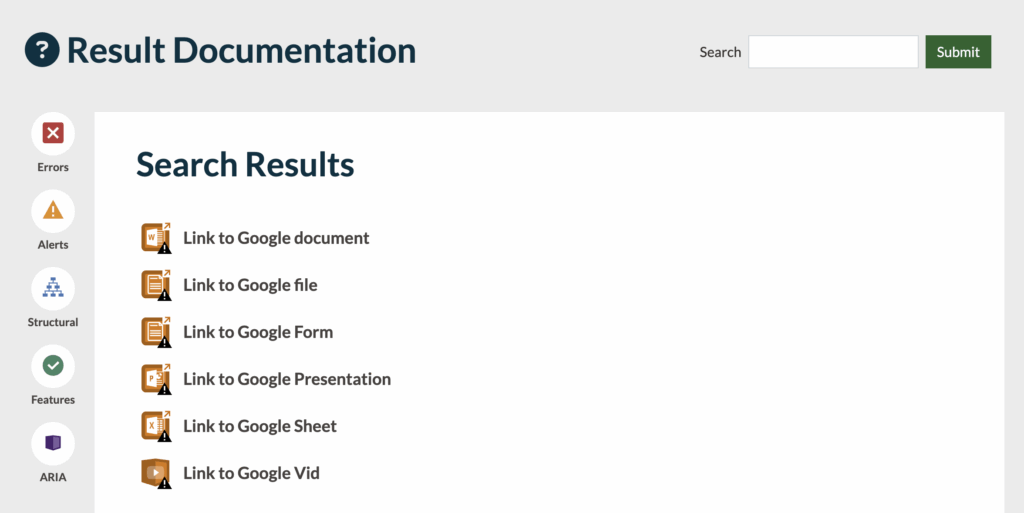 Six Google-related accessibility results in Result documentation.