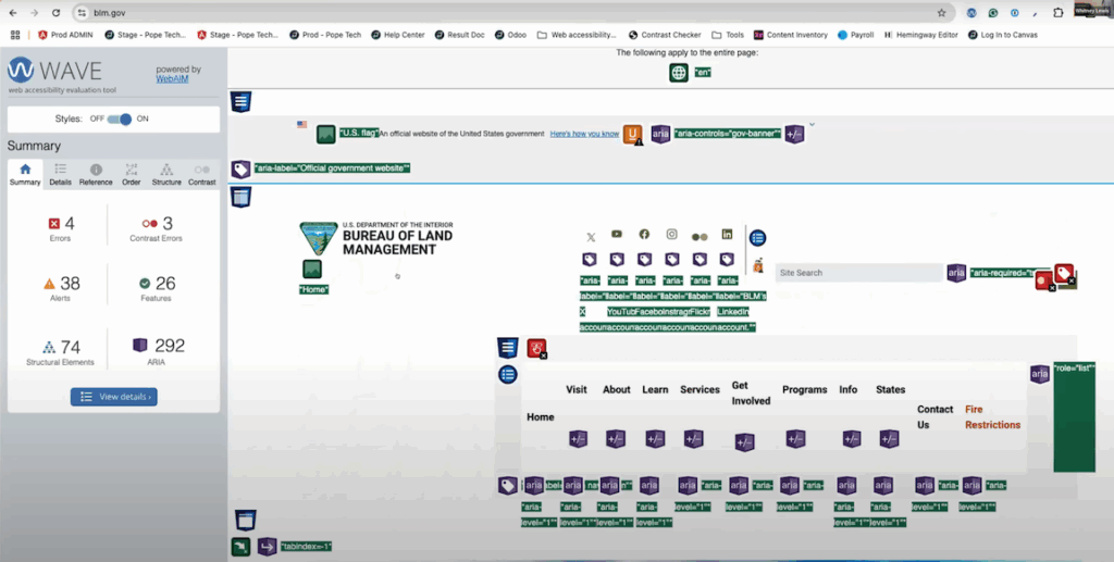 WAVE accessibility extension: showing alerts, errors, and features marked on the page.