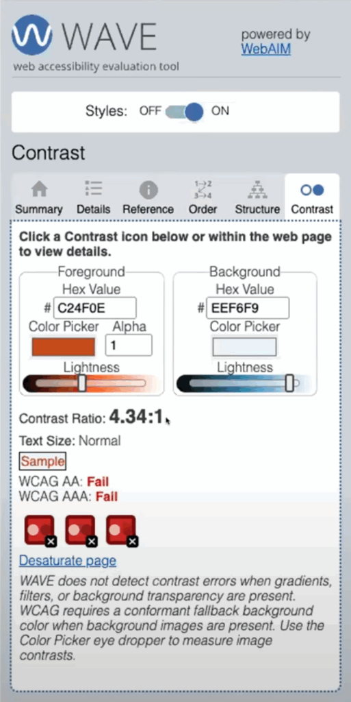 WAVE contrast tool showing a text contrast failure, which may be acceptable for graphics.