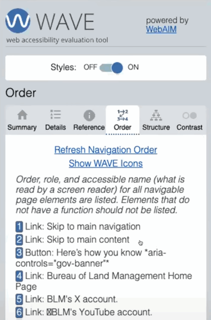 WAVE navigation order screen showing an element with incorrect ARIA labeling.