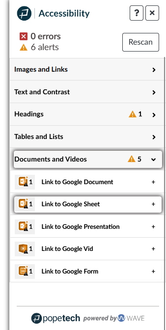 Google alert types under Documents and Videos section in Accessibility Guide.