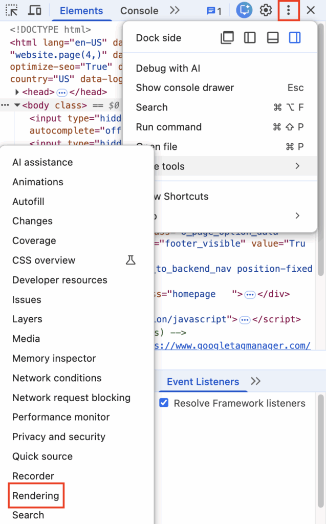 Customize menu selected with rendering option highlighted in red.