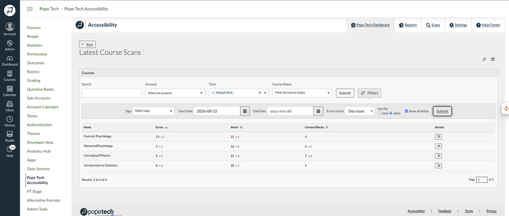 Screenshot of latest course scans filtered to only courses that errors have decreased in the last 30 days.
